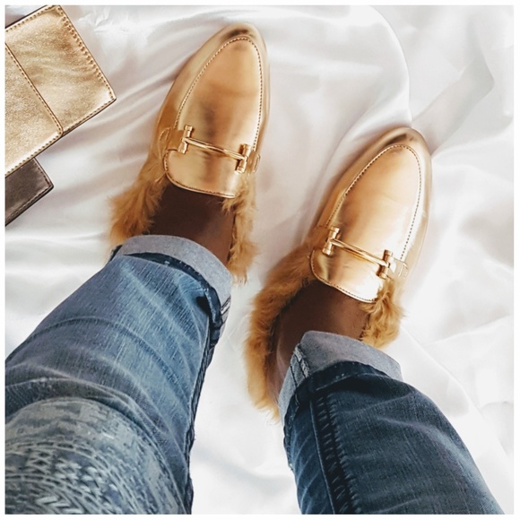 Yoki Shoes - Rose Gold Faux Fur Trimmed Mule